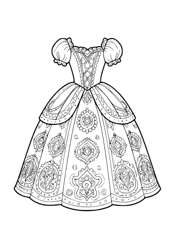 Black-and-white line drawing of an ornate princess gown with puffed sleeves, a fitted bodice, and a wide skirt covered in symmetrical floral and geometric patterns.