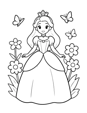 Line drawing of a smiling princess wearing a tiara and long gown, standing among tall flowers with three butterflies fluttering nearby.