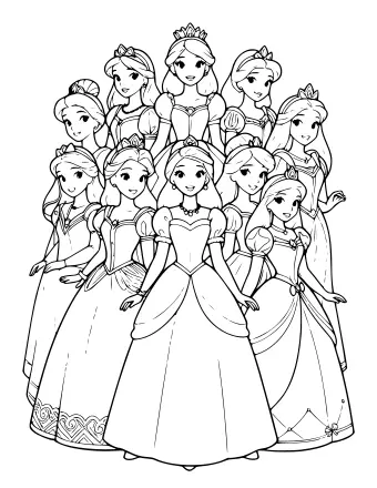 Black and white line art of ten princesses in formal gowns and tiaras, arranged in a group with varied hairstyles and dress details.
