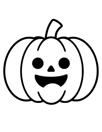 A simple black and white line drawing of a round pumpkin with a smiling face, two round eyes, and a curved green stem on top.