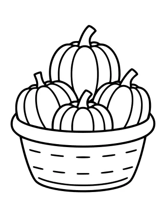 Black-and-white line drawing of a woven basket filled with several small pumpkins of different sizes, each with a short stem.