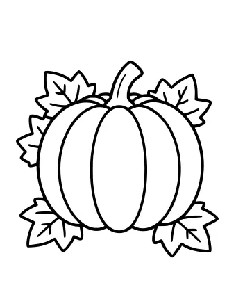 Black-and-white line drawing of a round pumpkin with vertical ridges, a short stem, and jagged leaves and vines surrounding it.