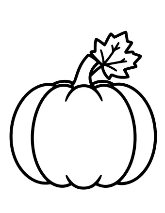 Black and white line drawing of a round pumpkin with vertical ridges and a large maple leaf attached to its stem.