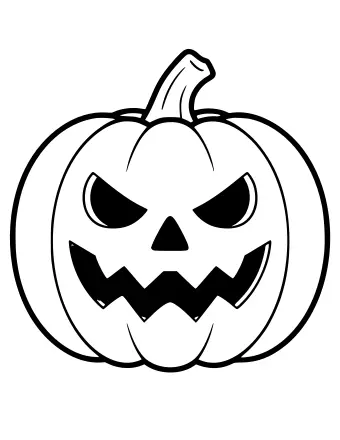Black-and-white line drawing of a round pumpkin with a curved stem, angled triangular eyes, a small triangular nose, and a wide jagged mouth with sharp teeth.