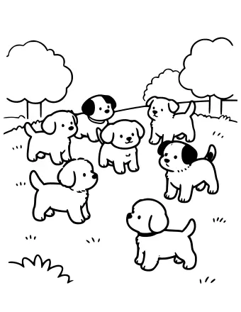 Black-and-white line drawing of six puppies of different sizes and patterns playing in a grassy park with two trees in the background.