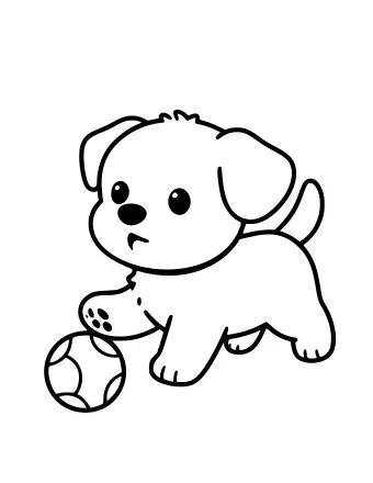 Black and white line drawing of a puppy in a dynamic pose, looking down at a ball on the ground.