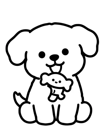 Black-and-white line drawing of a smiling puppy with floppy ears, holding a small toy in its mouth, sitting on all fours.