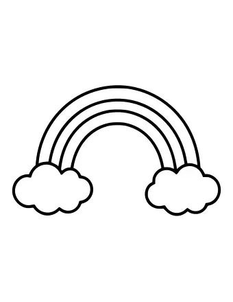 Black and white line drawing of a rainbow arching between two puffy clouds, with a small pot of gold sitting on the ground beneath the right end of the arc.