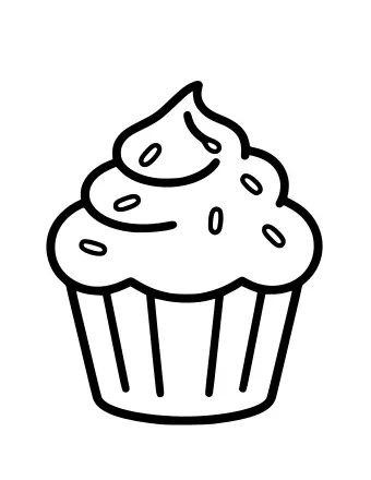 Line drawing of a cupcake in a fluted paper liner topped with a swirl of frosting and scattered sprinkles.
