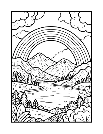 Black-and-white line drawing of a mountain range with a large rainbow arching over a winding lake, surrounded by pine trees, bushes, and clouds.