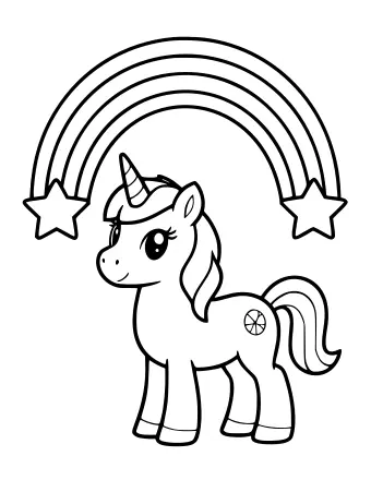 Line drawing of a smiling unicorn with a spiral horn and flowing mane standing beneath a large rainbow with a star at each end.