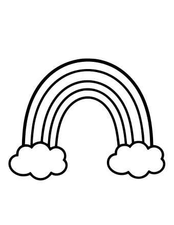 A simple line drawing of a seven-color rainbow arc with two fluffy clouds at each end.