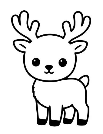 A black and white line drawing of a cute cartoon baby reindeer with large eyes, small antlers, and a fluffy tail.