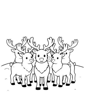 Black-and-white line drawing of a group of reindeer standing together on a snowy ground with large antlers and dark hooves.