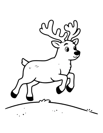Black-and-white line drawing of a reindeer leaping over a small hill, with large branching antlers, a dark nose, and a short tail.