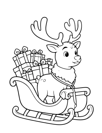 Black and white line drawing of a reindeer with large antlers pulling a sleigh filled with wrapped gifts and bows, viewed from the side.