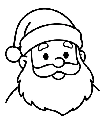 Black-and-white line drawing of a smiling Santa Claus wearing a hat, with a full beard, rosy cheeks, and a friendly face.