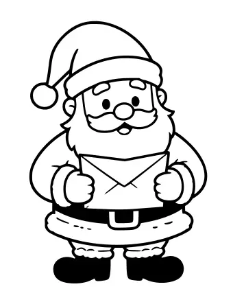 Black-and-white line drawing of a smiling Santa Claus in a red hat and coat, holding a small letter in his hands and looking down at it with a warm expression.