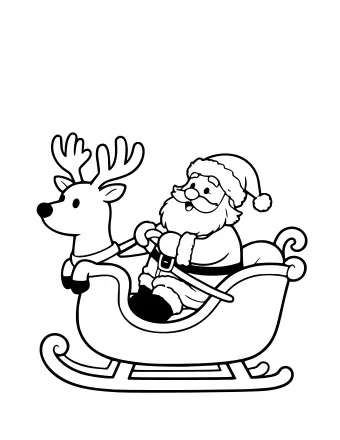 Black-and-white line drawing of Santa Claus sitting in a sleigh holding the reins, with a reindeer pulling the sleigh from the front.