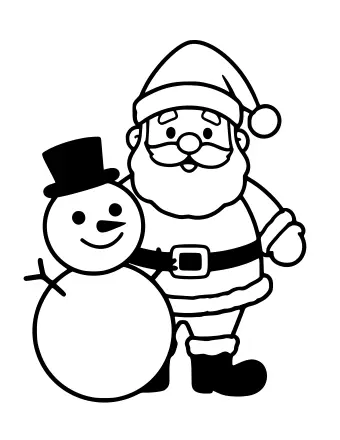 Black and white line drawing of Santa Claus in a hat and coat standing beside a snowman wearing a top hat and scarf.