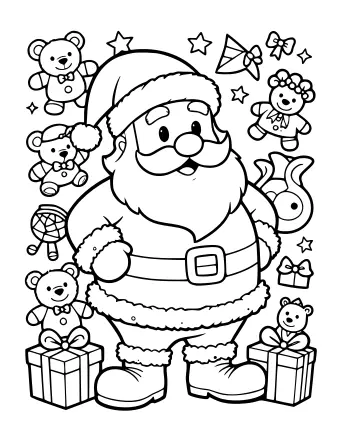 Black and white line drawing of Santa Claus standing in a workshop, surrounded by teddy bears, a gingerbread man, a rocking horse, wrapped gifts, and stars.