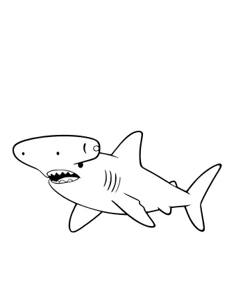 Black-and-white line drawing of a hammerhead shark in side view, showing its wide flattened head, tall dorsal fin, and open smiling mouth.