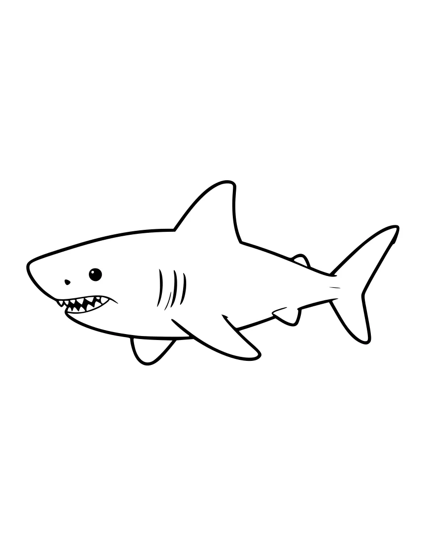 Line drawing of a tiger shark swimming left, with a blunt snout, open mouth showing teeth, gill slits, dorsal fin, pectoral fins, and a forked tail.