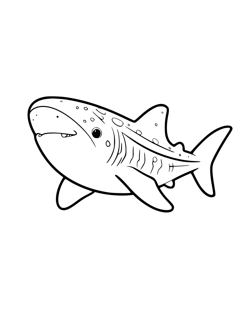 Line drawing of a whale shark swimming to the left, showing its wide mouth, round eye, dorsal fin, pectoral fins, tail fin, and spotted body.