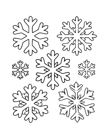 Black and white line drawing of a cluster of three different snowflakes of varying sizes and designs on a single page.