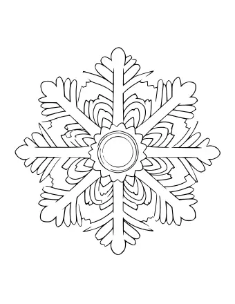Black and white line art of a complex snowflake mandala with six symmetrical arms, detailed inner circles, and fern-like branches.
