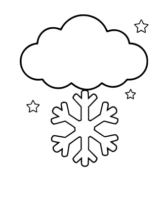 Black-and-white line drawing of a large six-armed snowflake falling from a puffy cloud, with three small stars scattered in the background.