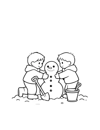 Two children in winter coats kneel on either side of a snowman in a snowy yard, one holding a shovel and the other holding a bucket.