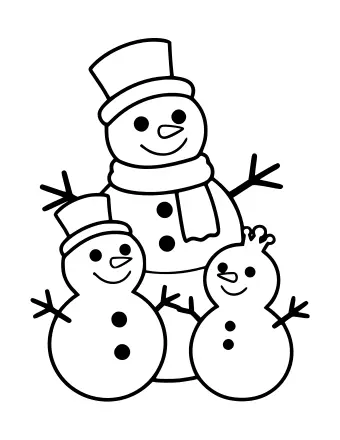 Black-and-white line drawing of three snowmen of different sizes holding hands, each with a carrot nose, coal eyes, and stick arms, set against a plain white background.