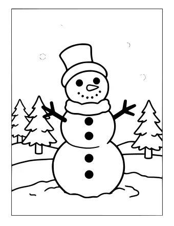 Black and white line drawing of a three-section snowman wearing a top hat and scarf, standing in a snowy landscape with pine trees and falling snowflakes.