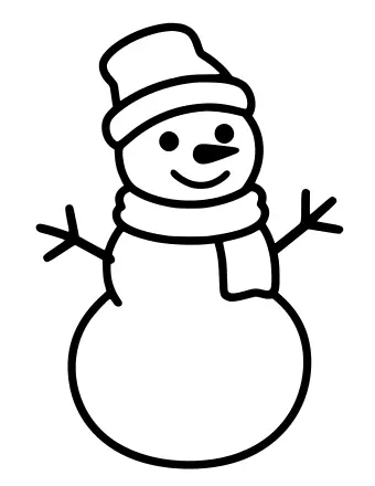 Black and white line drawing of a two-ball snowman with stick arms, a carrot nose, and a smiling face, featuring blank space on the head and body for adding accessories.