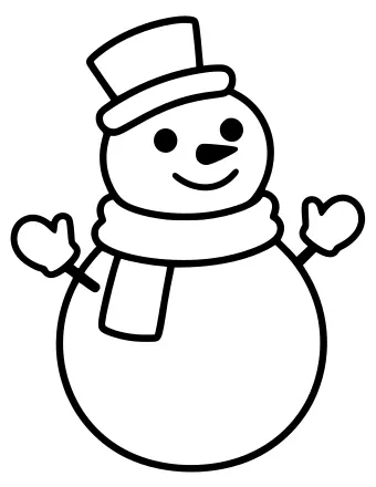 Black and white line drawing of a smiling snowman wearing a tall hat, a knitted scarf, and mittens, with two round body sections.