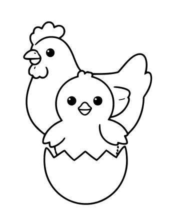 Line drawing of a smiling baby chick hatching from a cracked eggshell with a mother hen standing close behind it