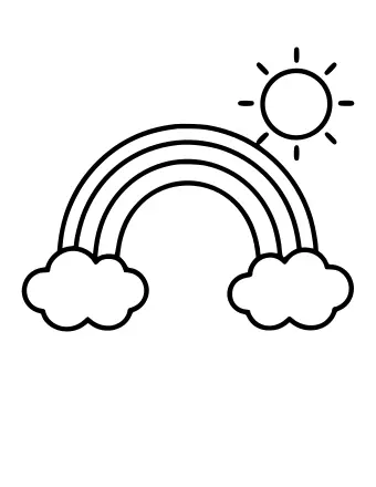 Black and white line drawing of a bright rainbow with three bands arching between two fluffy clouds, with a smiling sun in the upper right corner.