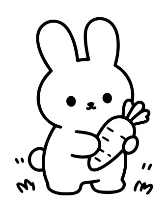 Black and white line drawing of a cute cartoon bunny with long ears holding a carrot, sitting in a grassy field with small tufts of grass around its feet.