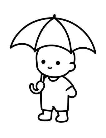 Black and white line drawing of a smiling child holding an open umbrella over their head, standing on a flat surface.