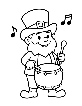 A smiling leprechaun in a tall hat and buckled boots holds drumsticks and plays a large drum, with musical notes floating in the air on either side.