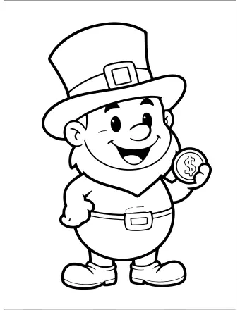 Line drawing of a smiling leprechaun wearing a tall green hat and holding a gold coin with a shamrock on it.