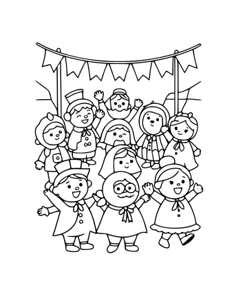 Black-and-white line drawing of a group of children and adults in green costumes and hats waving and smiling under a string of triangular banners, with a few bare tree branches in the background.