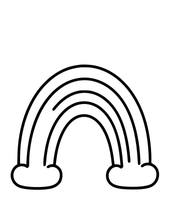 A simple black-and-white line drawing of a bright rainbow with four curved bands, ending at two small clouds, with a pot of gold sitting on the right cloud.
