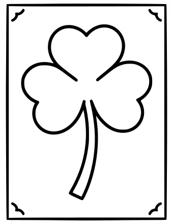Black-and-white line drawing of a large three-leaf clover with a long stem, centered inside a rectangular border with small decorative flourishes in each corner.