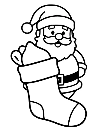 Black-and-white line drawing of a large Christmas stocking with a cuff and buckle, with Santa Claus in the background reaching into it to place a small gift.