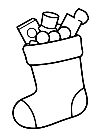 Black and white line drawing of a large Christmas stocking overflowing with a toy car, a small cup, a block, a ball, and a star-shaped toy.