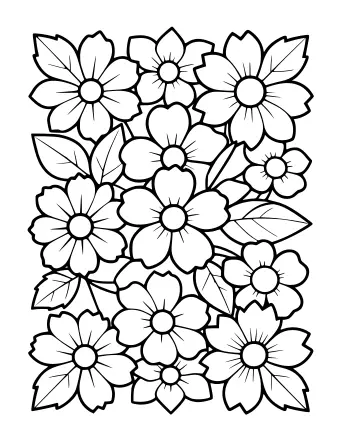 Black and white line drawing of a dense floral pattern with overlapping leaves and flowers of various shapes and sizes.