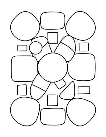 Black and white line drawing of an abstract composition of interlocking geometric shapes, including circles, squares, and rounded polygons arranged in a dense, overlapping pattern.