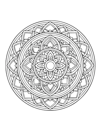 Black and white line art of a circular mandala featuring concentric rings of geometric shapes, petals, and intricate patterns.